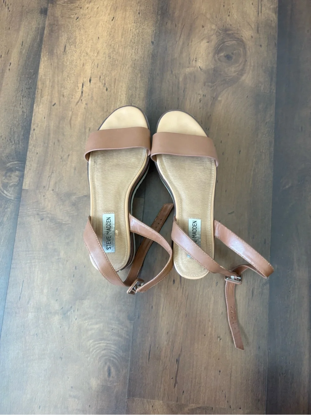 Steve Madden Tan Platform Sandal with Green and White Striped Sole